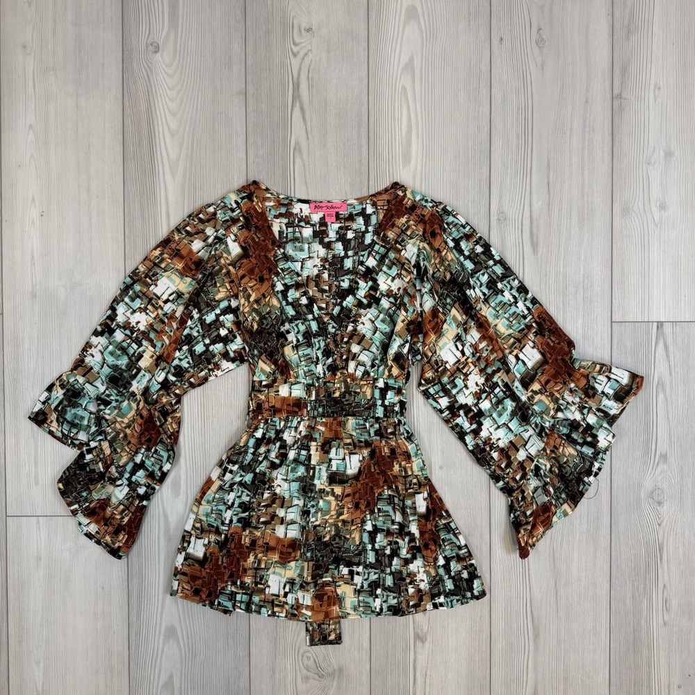 Betsey Johnson Small Print Angel Bell Boho Sleeves Kimonoโ Blouse Top Y2K 90s